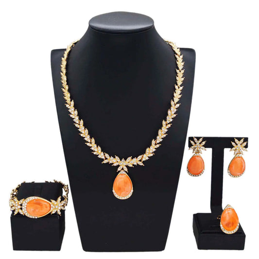Zhuerrui Hot Selling Gold Jewelry Sets Silver Diamond Orange Drop Necklace Jewelry Set Simple Bridal Costume Pendant HC23229