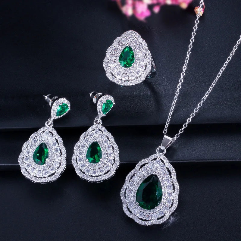 3 Layers Cubic Zircon Paved Purple Big Water Drop Silver Color Women Wedding Engagement Jewelry Set of Earrings Necklace Ring
