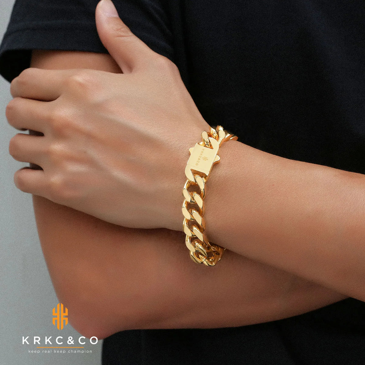 REBEL 14mm Chunky Curb Link 18K Real Gold Plated Stainless Steel Thick Bracelets Hip Hop Jewelry Miami Cuban Chain Necklace for Men