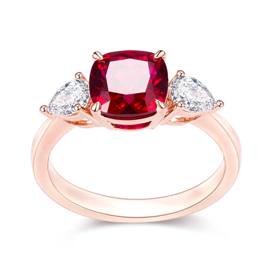 Messi Jewelry MSR-1188 Custom 18K Rose Gold Lab Ruby Three Stone Wedding Ring for Women
