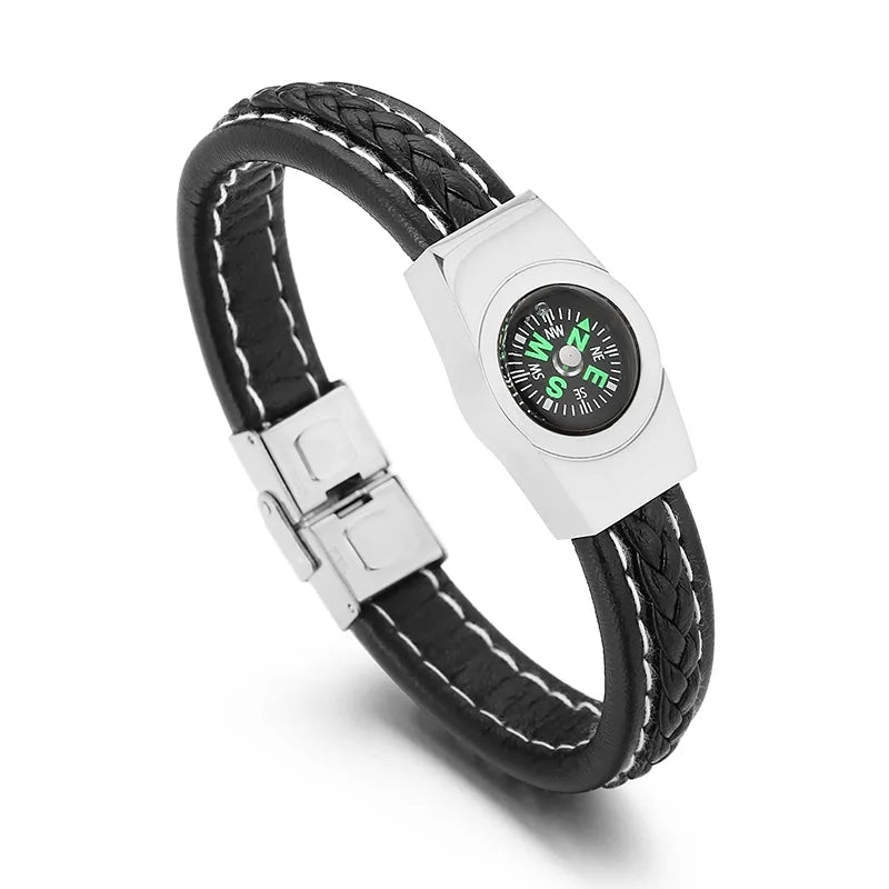 REBEL 210mm Unisex Trendy Ultrafiber Bracelet With Silver/Gold/Black Stainless Steel Compass