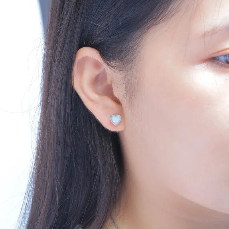 Vibrant Blue Heart Opal Stud Earrings - Iridescent Fire Opal & Sleek Frame | Daily Romantic Jewelry Bulk Gifts
