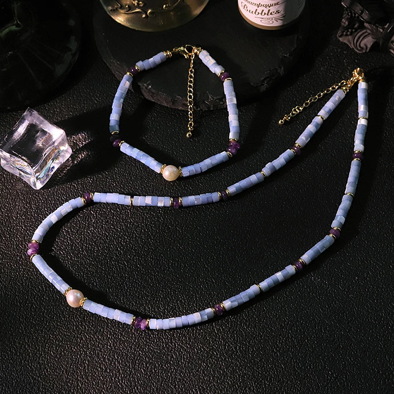 GLSEEVO Natural Freshwater Pearl & Amethyst Handmade Necklace & Earrings Set | Luxury Bridal Jewellery GS0231