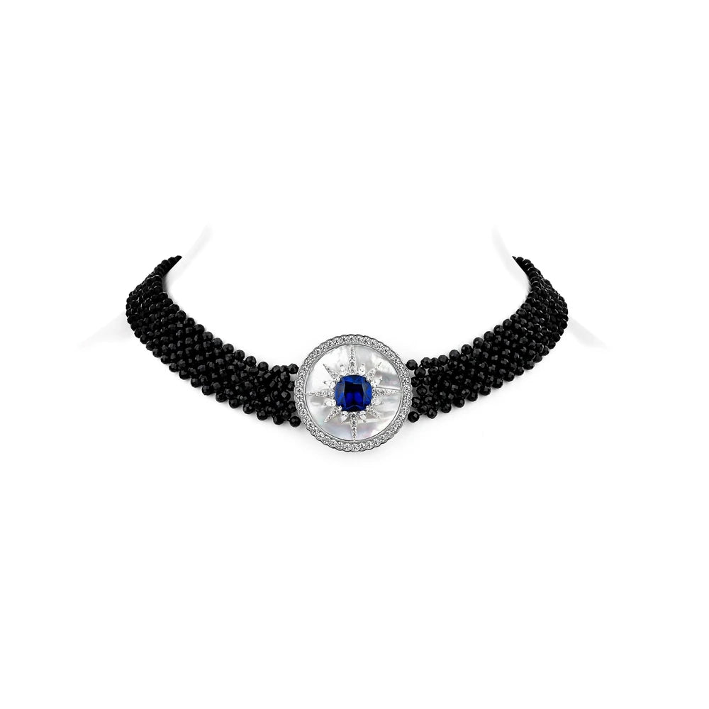 Silverelli | 925 Silver Black Spinel & Sapphire Blue Choker Necklace | 18K Gold Plated | Strand Design