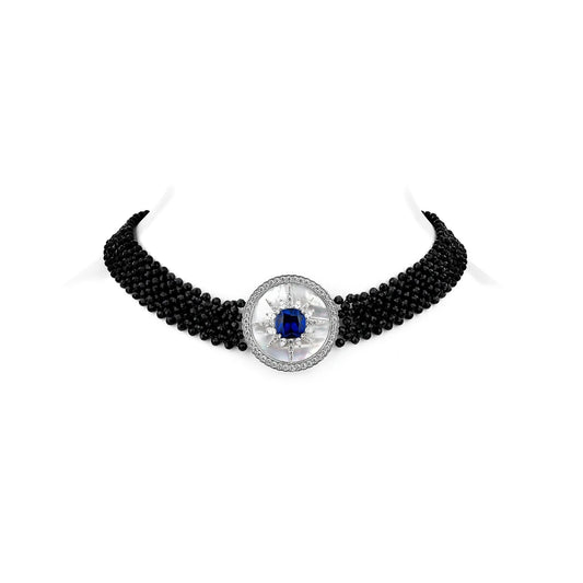 Silverelli | 925 Silver Black Spinel & Sapphire Blue Choker Necklace | 18K Gold Plated | Strand Design