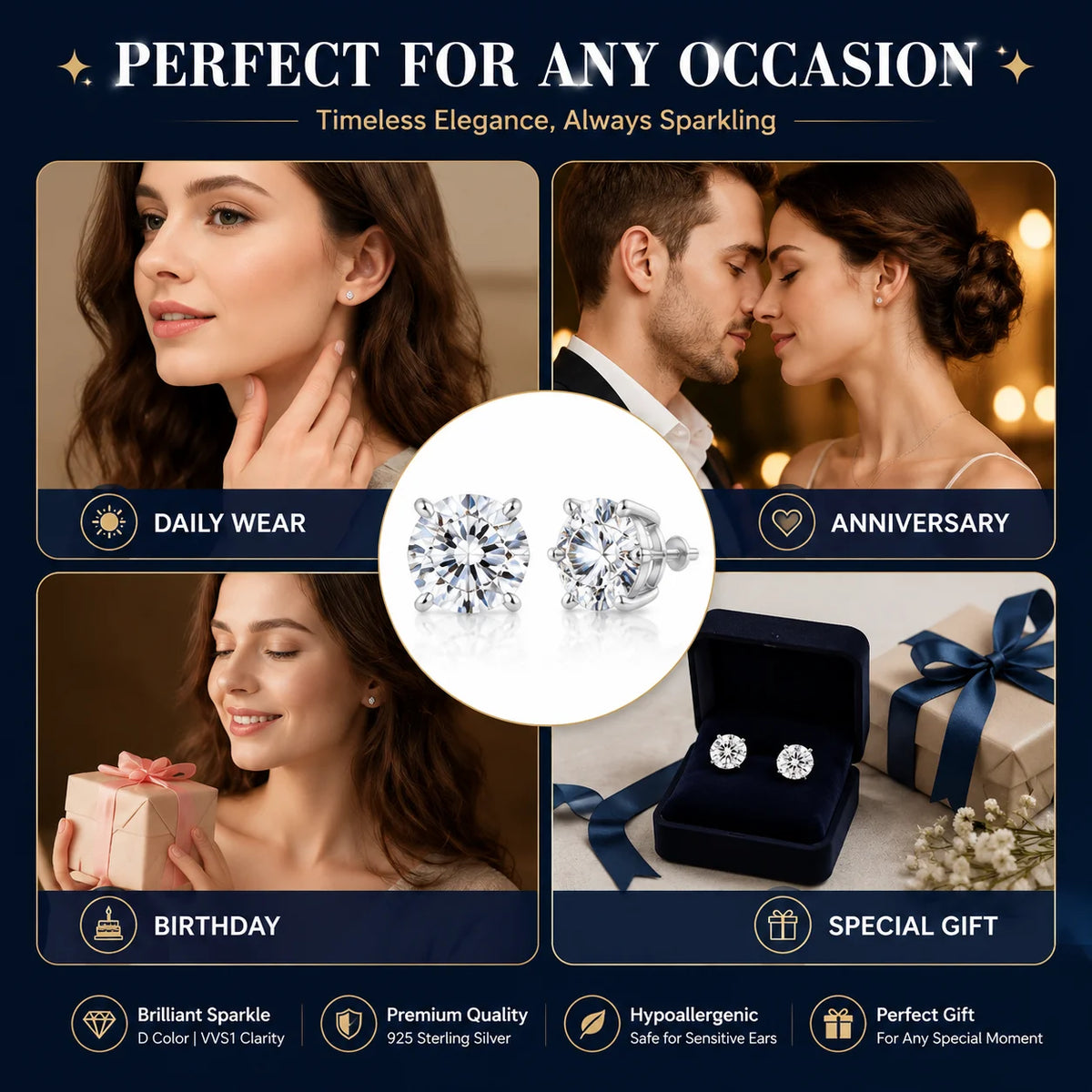 ArtistA 3mm-10mm Round Brilliant Cut Moissanite Stud Earrings 925 Sterling Silver Luxury Unisex Men Women Alice