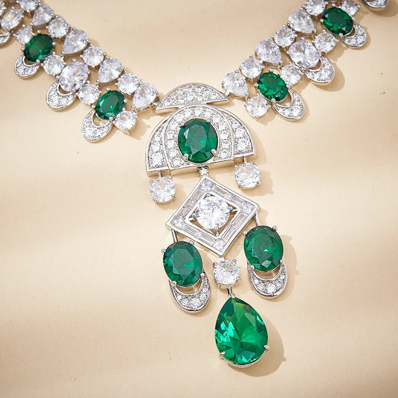 Classic High-end Brass Necklace and Earrings Featuring Zircon Retro Style Suitable for Rhodium Plating at Weddings and Parties