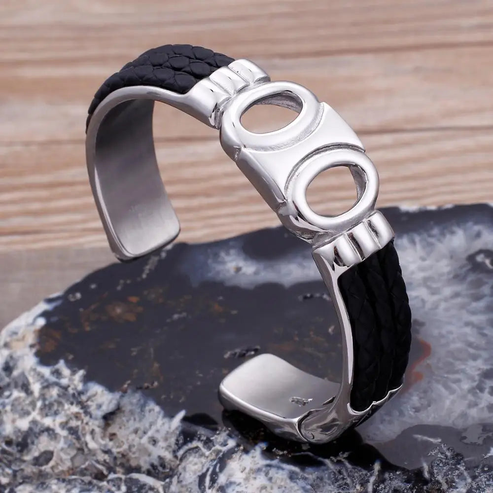 VIKING Mens Trendy Leather & Stainless Steel Cuff Bracelet – Silver