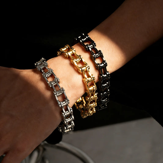Stainless Steel Real Gold Plated Biker Chain Bicycle Link Bracelet for Men Street Stackable Hip Hop Tarnish Resistant