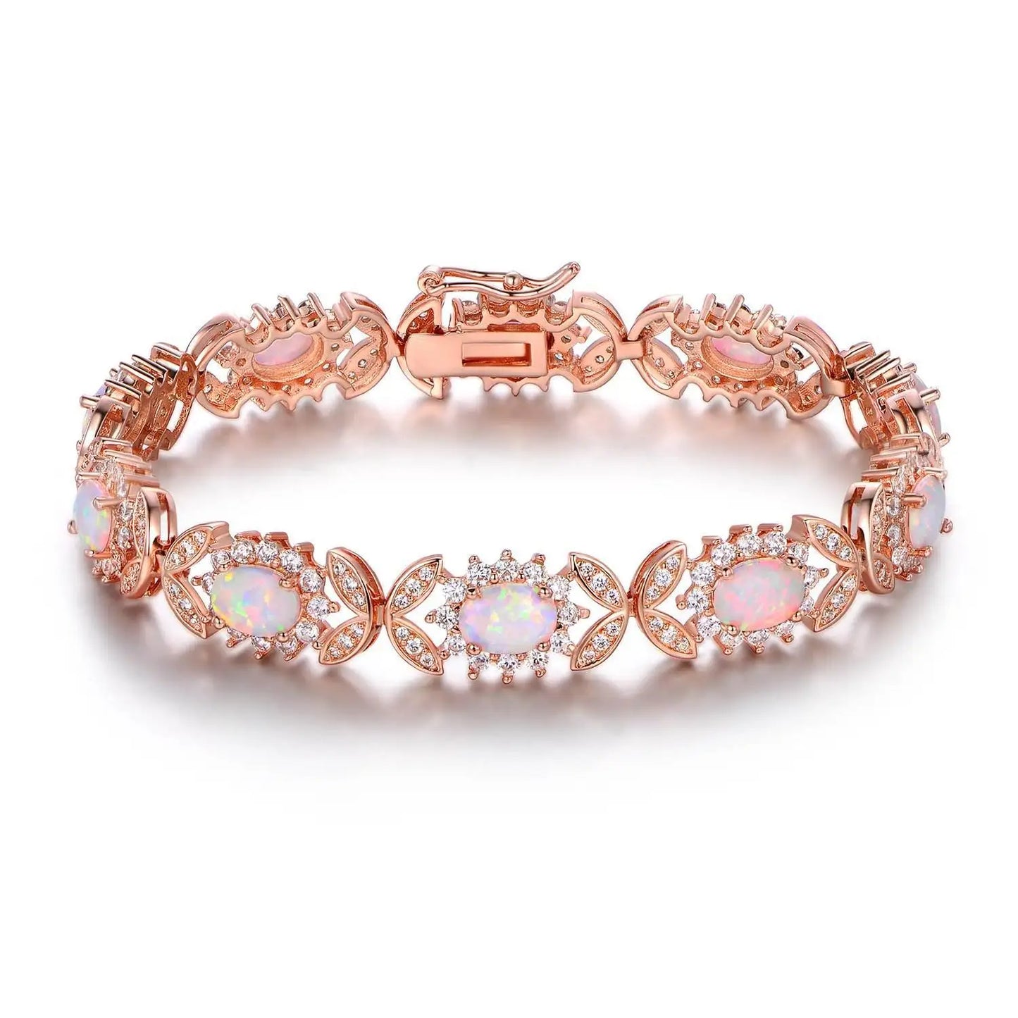 Trendy Brass Beaded Oval-Shaped Flower Pattern Bracelets Opal Inlays-Bohemia Style Women's Jewelry Gold/Silver Plated