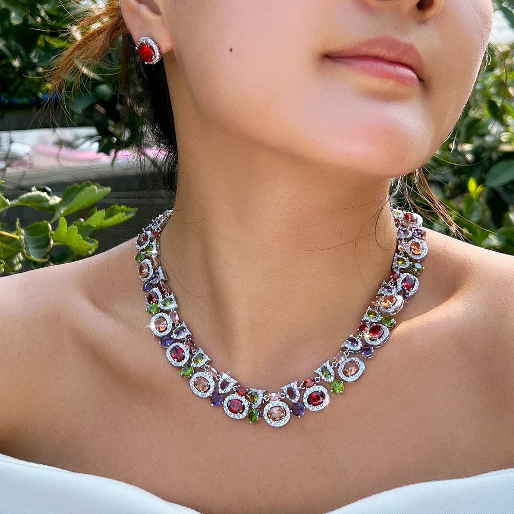 Gorgeous Necklace and Earrings Oval Cut Cubic Zirconia Stone Colorful Jewelry Set for Women Party Anniversary Dress Accessories