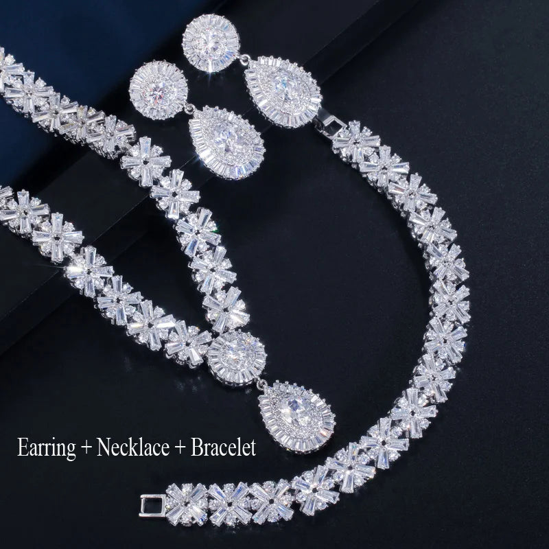 Shiny Luxury Dubai Gold Plated Jewelry Sets Cubic Zircon Big Water Drop Earrings Necklace Bracelet for Ladies Wedding Bridal