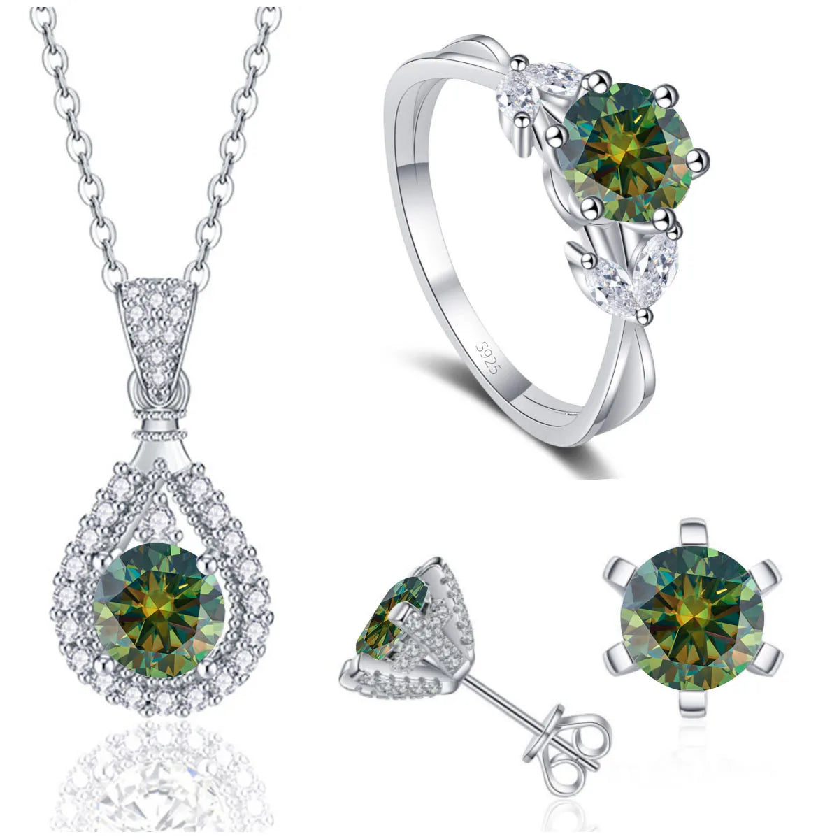 REDheart Fine 925 Sterling Silver Women's Wedding Bridal Jewellery Set Round Cut VVS Colored Moissanite Rings Necklace and Earrings Set