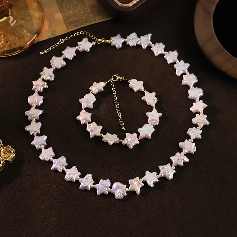 GLSEEVO Natural Star Shaped Baroque Pearl Jewelry Set for Women Birthday Gift Starry Pearl Necklace Bracelet Set Fashion Jewelry