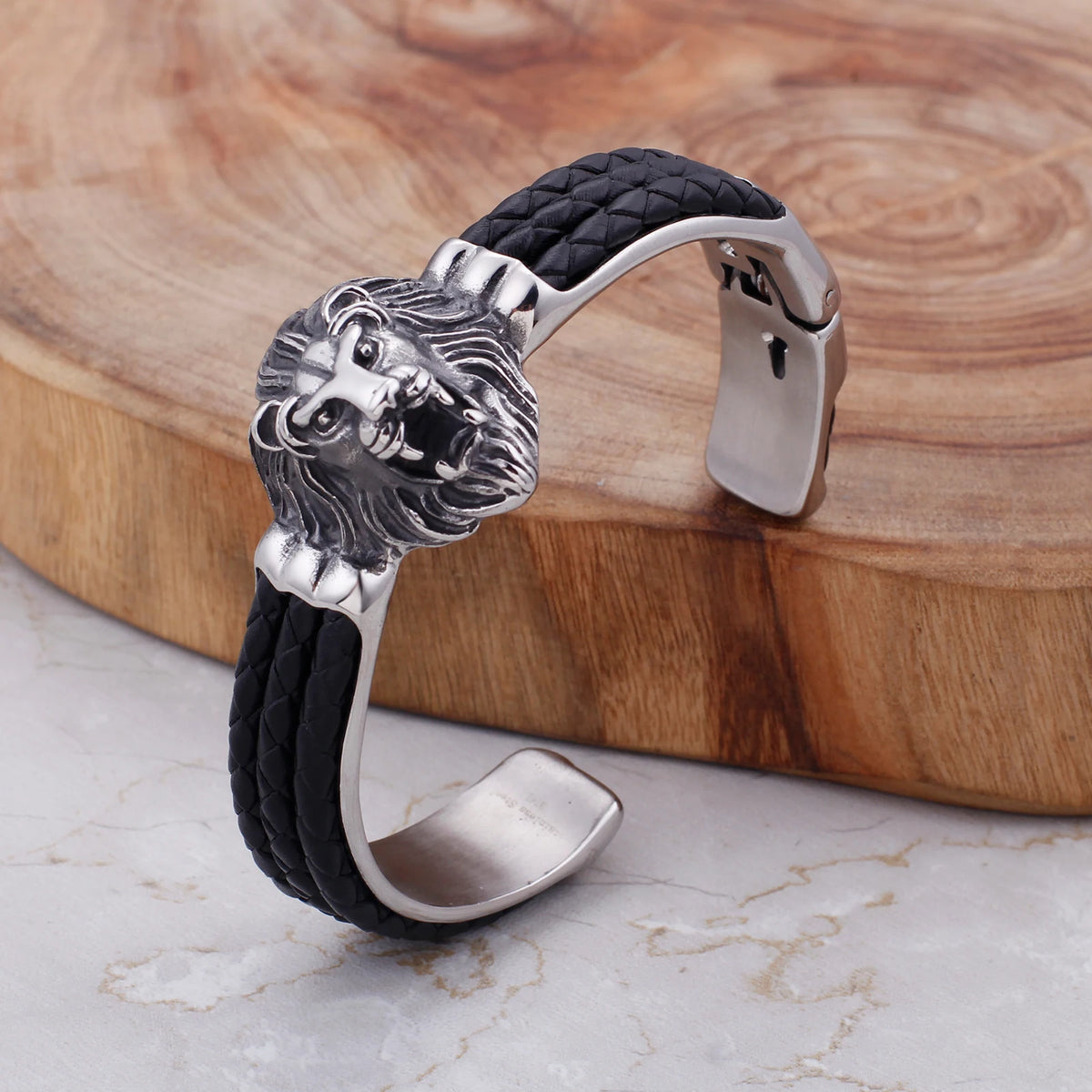 VIKING Mens Punk Lion Head Bangle – Silver Stainless Steel