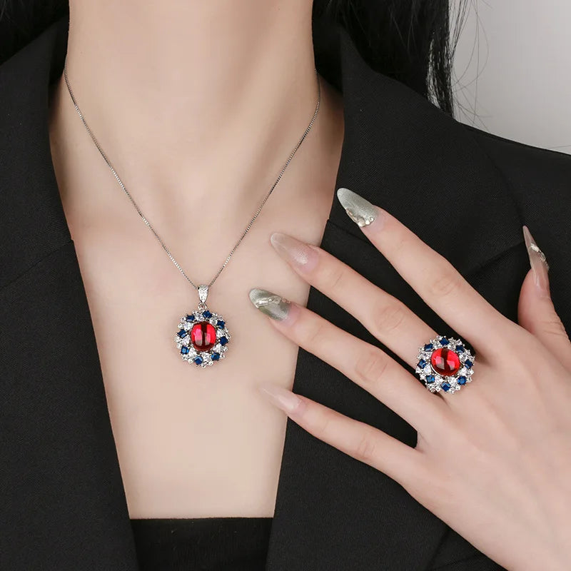 Eco-friendly Copper Vintage Jewelry Set Pigeon Blood Red Cubic Zirconia Iced Out Oval Cut Earrings Necklace for Women Party Gift