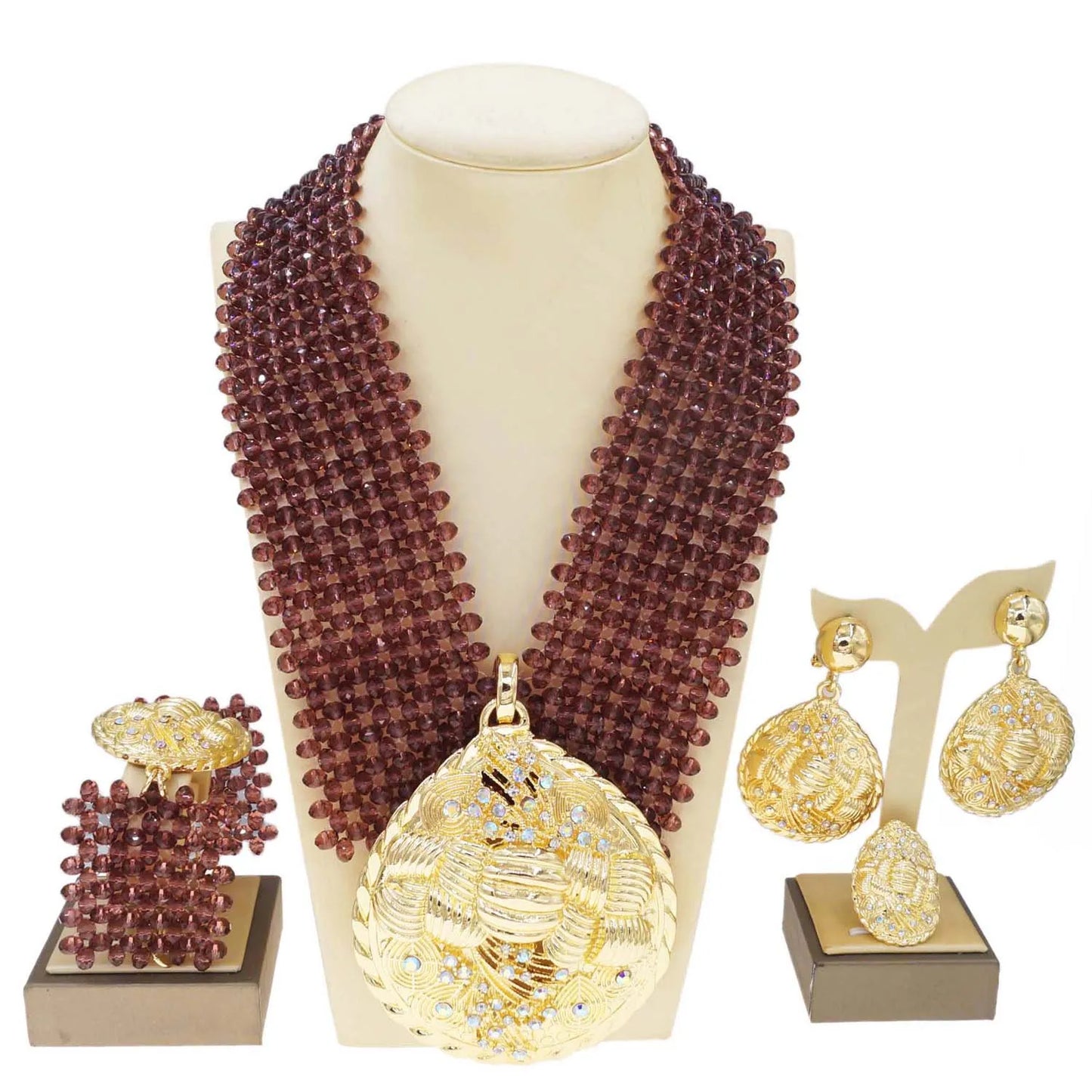 Zhuerrui Fashionable Gold Plated Jewelry Sets Wine Red Beads Necklace Jewelry Set Available Women's Birthday Party Gift H40033