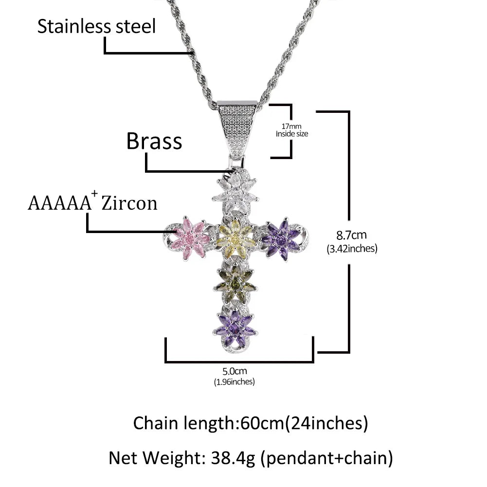 Luxury Multi-colored Zircon Large Cross Necklace 8.7cm Statement Cross Pendant Lariat Sweater Chain Hip-Hop Necklace