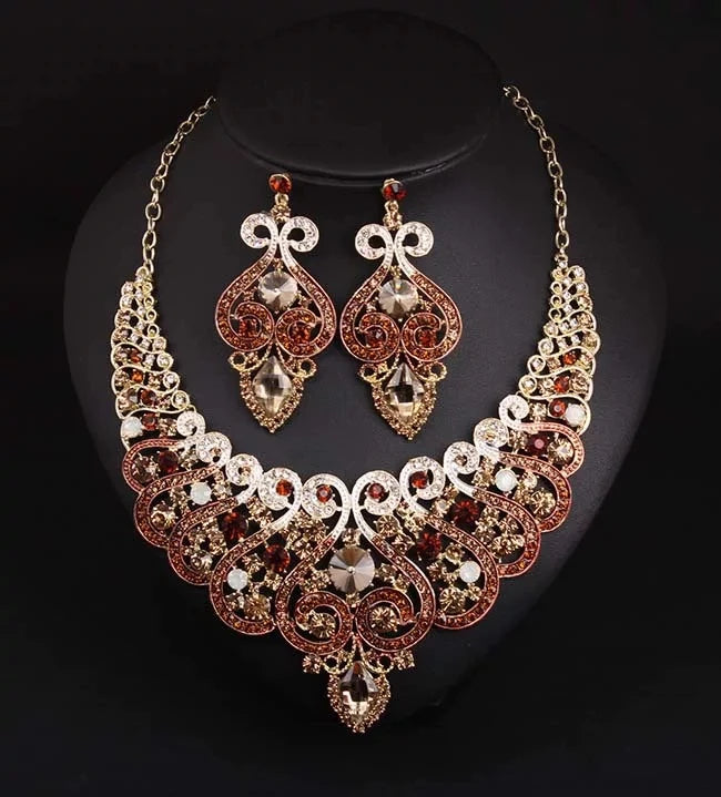 Luxury Princess-Cut Zirconia & Pearl Floral Statement Necklace & Drop Earrings Bridal Set — Gold Plated