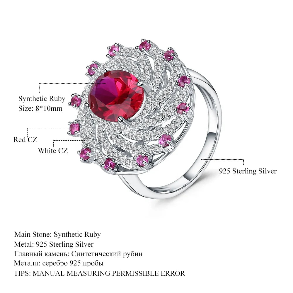ArtistA Deluxe Unique Halo Design Iced Out 925 Silver Big Gemstone Synthetic Ruby Sunflower Cocktail Ring Pendant Earrings Jewelry Set