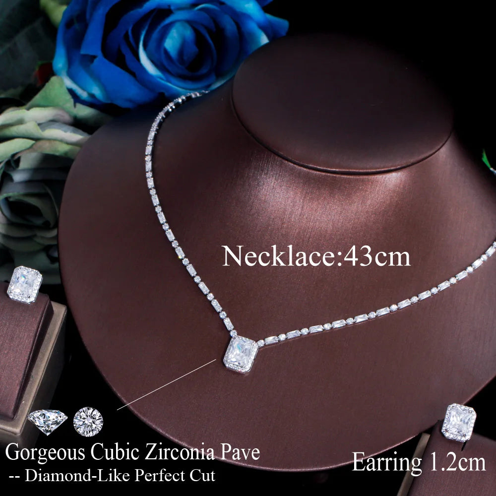 S&S CZ Square Stud Earrings & Baguette Necklace Jewellery Set – Blue & White – Collection