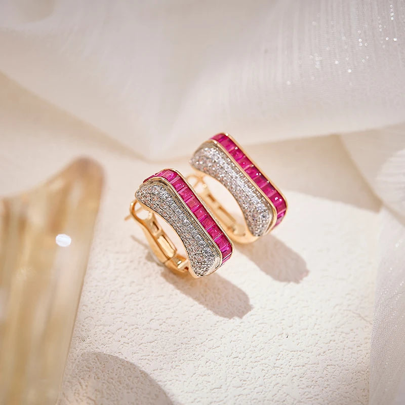 S&S High End Gold-plated Earrings Rings Bracelets Set Paired with square Red Gemstone Fashionable Couple Wedding Matching Jewelry