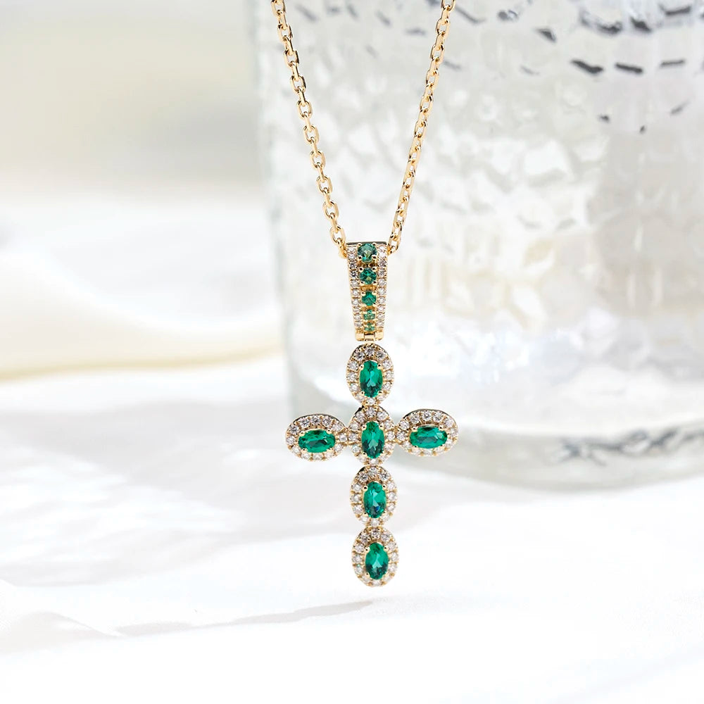 Messi Jewelry MSN-935 14k Yellow Gold Cross Necklace Oval Cut Lab Grown Emerald Necklace