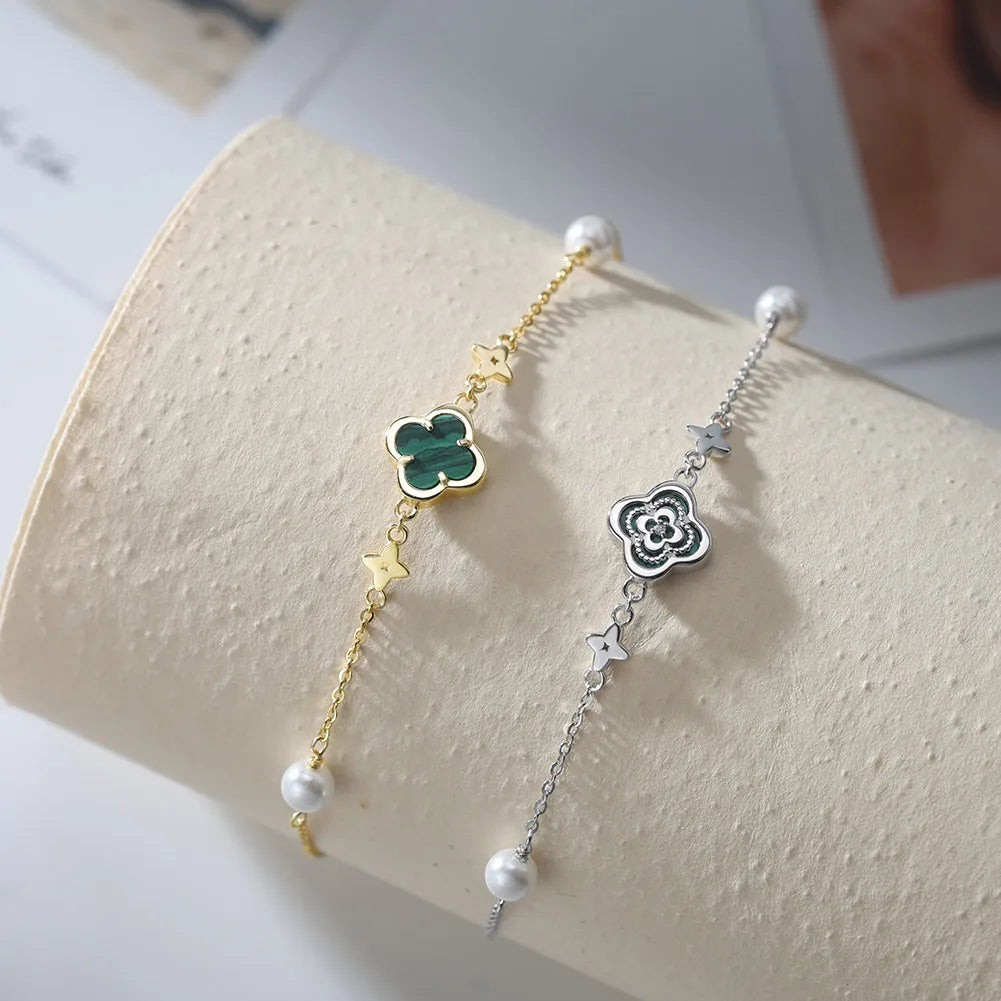 Natural Malachite Four Leaf Clover Shape with Shell Pearl 925 Sterling Silver Chain Anklet for Women