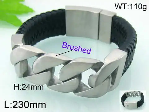 REBEL 240mm Punk Leather&Stainless Steel Cuban Links Bangle Bracelet
