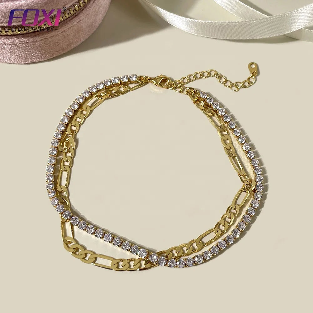 Wholesale Double Layer Foot Non Tarnish Free Waterproof Jewelry 18k Gold Plated Stainless Steel Chain Anklets for Women
