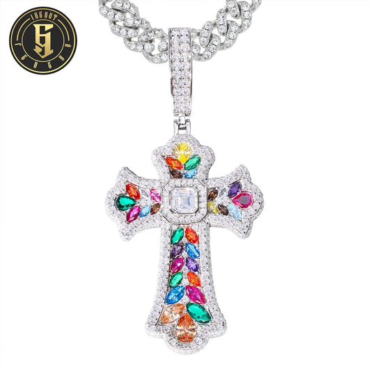 REBEL High Quality Multi Color Gemstone Iris Cross Pendant White Gold Plated Brass AAAAA CZ Diamond Iced Out Cross Charm Necklace