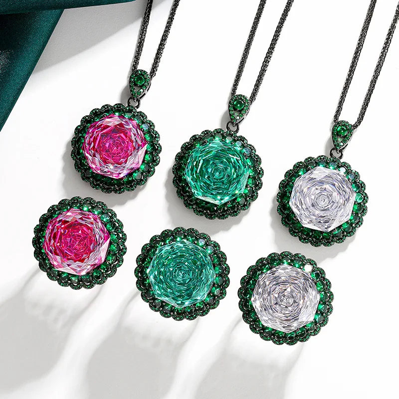 Gemfiori Exquisite Personalized Luxury Jewelry Set Green Zircon Temperament Banquet Ring High-end Feeling Collarbone Chain