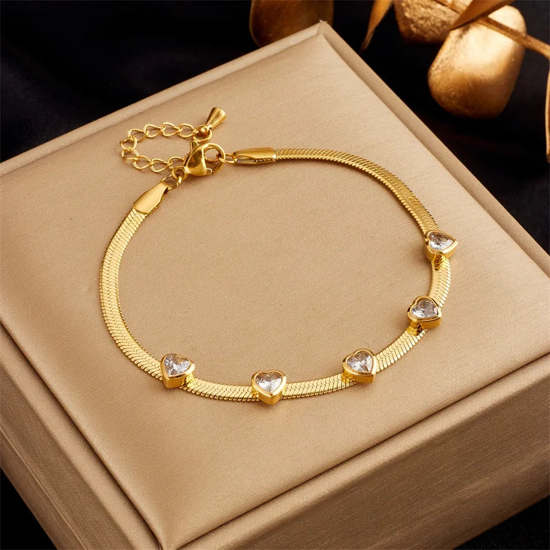 Gold Clear Crystal Heart Necklace & Bracelet Jewellery Set | Diamond-Bright Luxury Set