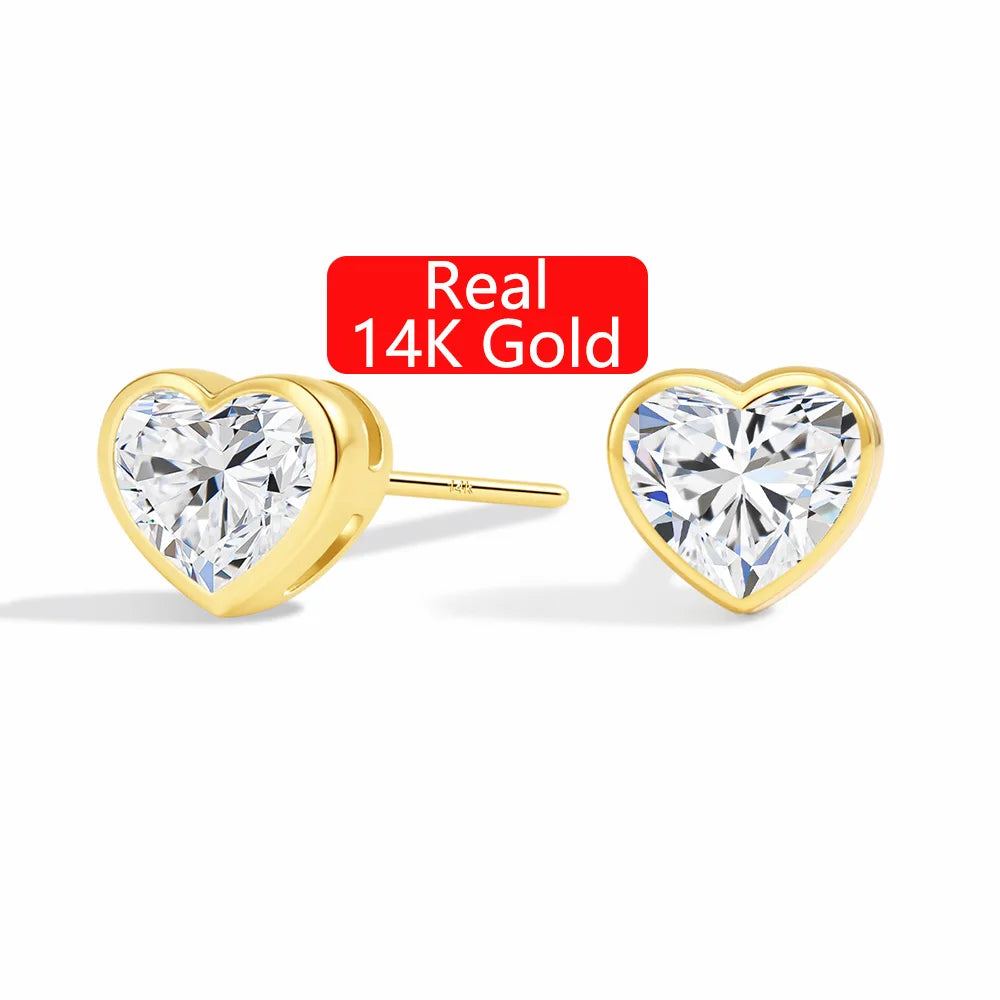 Gioiellieri Mini Gold Stud Heart Shaped Moissanite 1ct Valentine's Day Gift Woman Real 14K Gold Hollow Lightweight Earrings