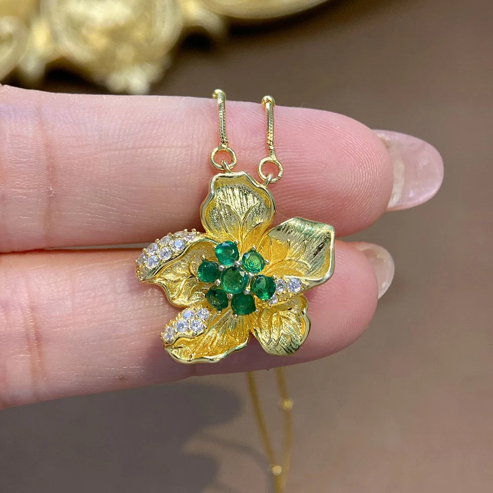 Gioiellieri Vintage 925 Sterling Silver Oval Cut Emerald Pendant Necklace Gold Plated Classic Style Party & Wedding Jewelry