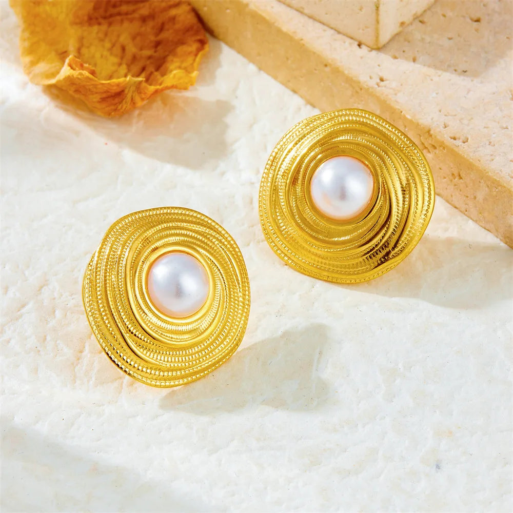 Top Quality Fashion Stainless Steel Geometric Necklace Earrings and Ring Set with Pearl Women Luxury Gold Jewelry Set