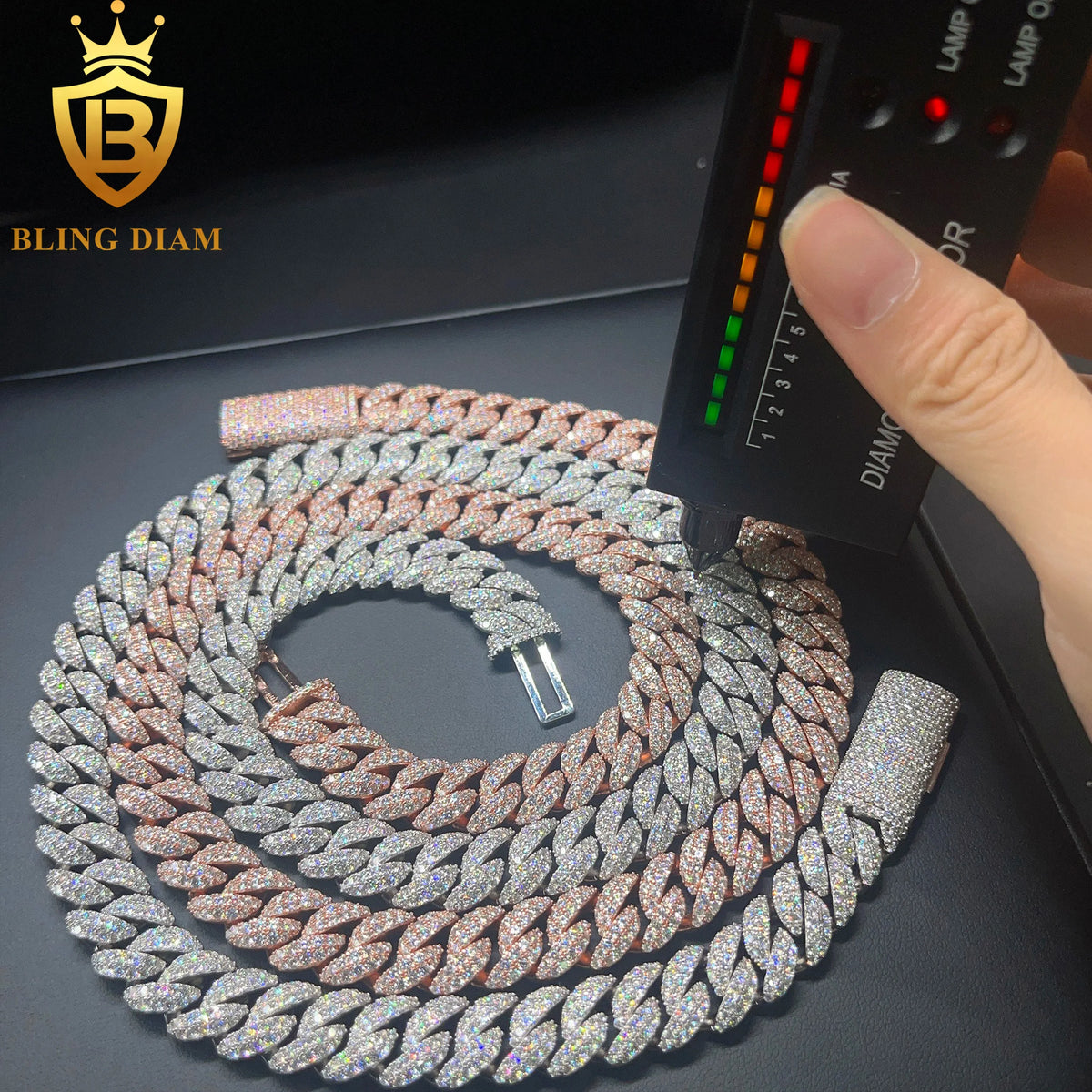 BiG-BOSS In Stock 12mm Moissanite Cuban Link Chain Necklace Iced Out 925 Silver diamond Rose Gold Cuban Chain Hi Hop Rapper Jewelry
