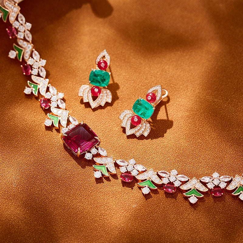 Enamel Craft Women's Two-piece Brass Necklace Earrings Inlaid with Colorful Leaves Design  Not Easily Oxidized  Perfect Zircon