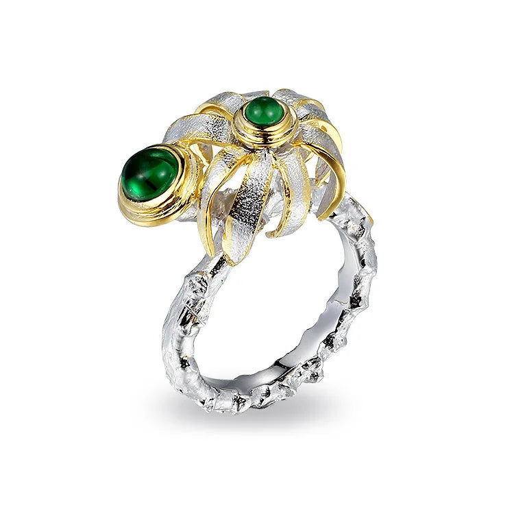 925 Sterling Silver Round Flower Italy Design Ring with Green Glass for Women
