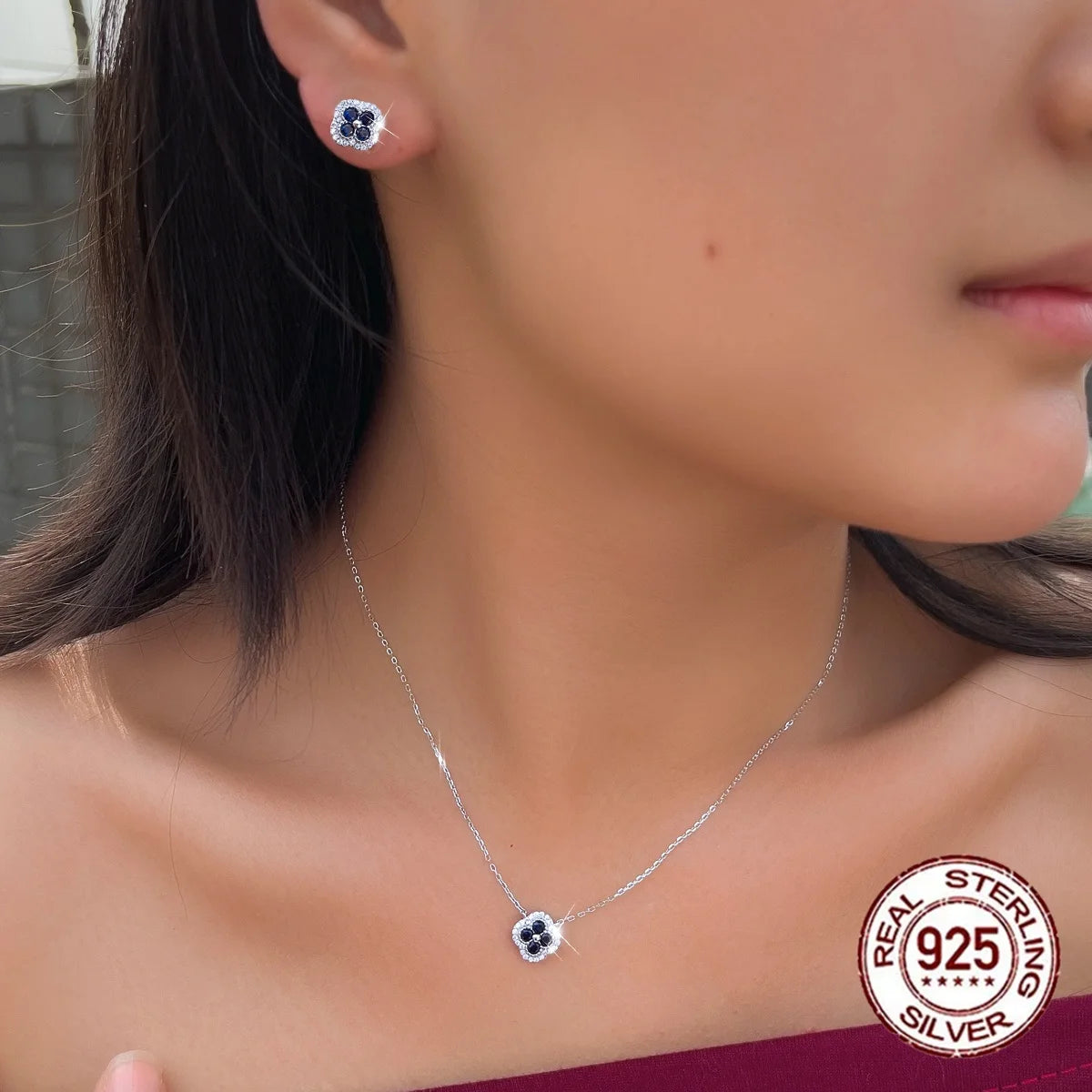 Fine Jewelry Blue CZ Cubic Zirconia  Necklace Earrings S925 Sterling Silver Four Leaf Clover Jewelry Set for Women Daily Wear