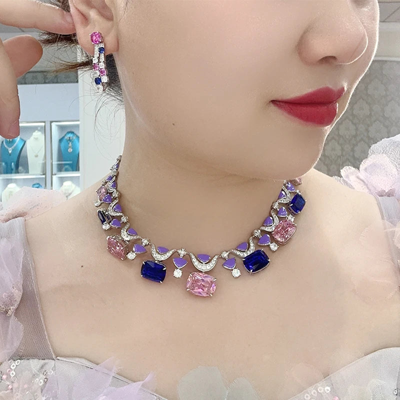 Brass pink Blue Necklace Earrings Two-piece Set Heavy Craftsmanship Texture Inlaid Zircon Low-temperature Enamel Women's Jewelry