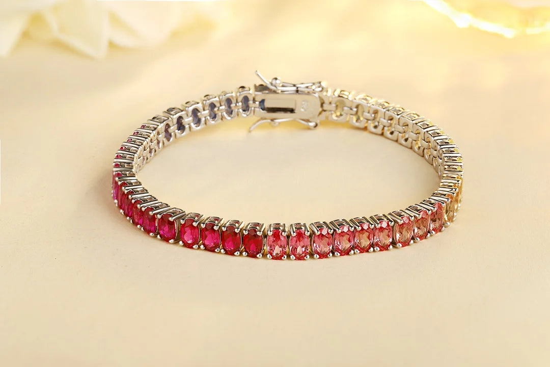 Gemfiori Anster Factory Price Trendy Oval Tennis Bracelet S925 Silver Hand Chain with Colored Sapphire Gemstones