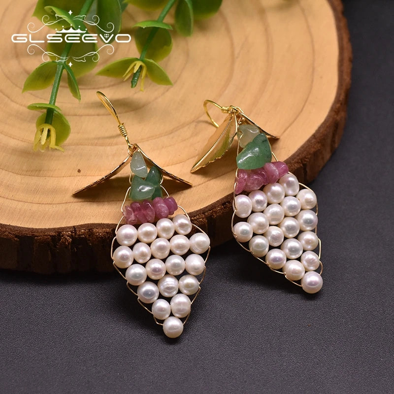 Natural Fresh Water Dangle Earrings for Women Leaf Grape Drop Earrings for Women Fashion Jewelry