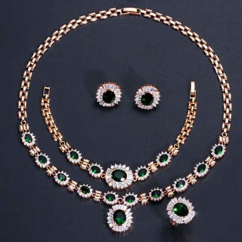 4 Piece Luxury Nigerian Yellow Gold Designs Indian Wedding Red Cubic Zirconia Bridal Jewelry Sets for Women Party Accessories