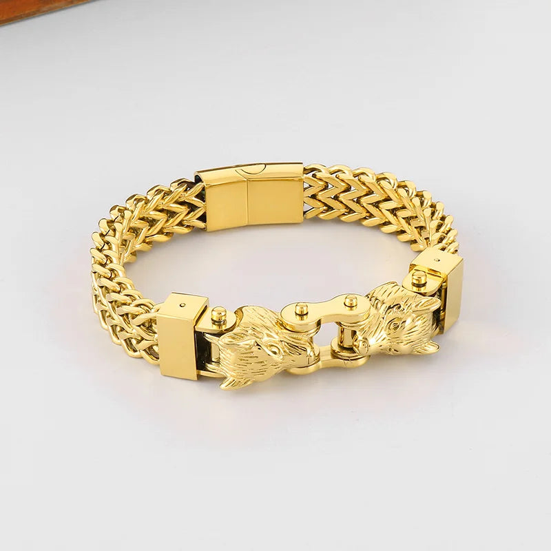KALEN Men Punk Gold/Silver/Black/Oxidized Black Stainless Steel Wolf Head Charm Herringbone Chain Bracelet