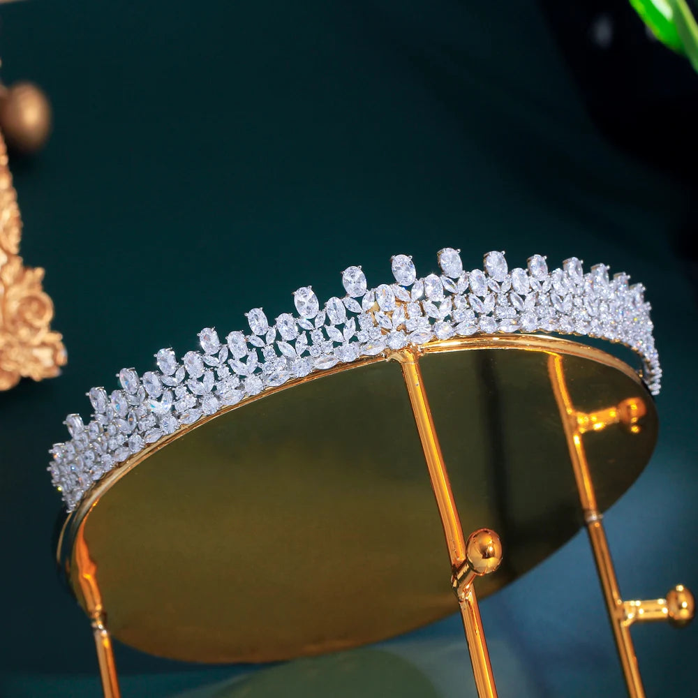 Shiny Cubic Zirconia Flower Leaf Shape Elegant Luxury Headpiece Bridal Tiara Crown for Women Wedding Hair Jewelry Accessories