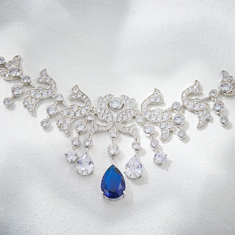 High End Luxury Atmospheric Droplet Shaped Colored Zircon Wing Necklace Earrings for Women's Evening Wear Two-piece Set