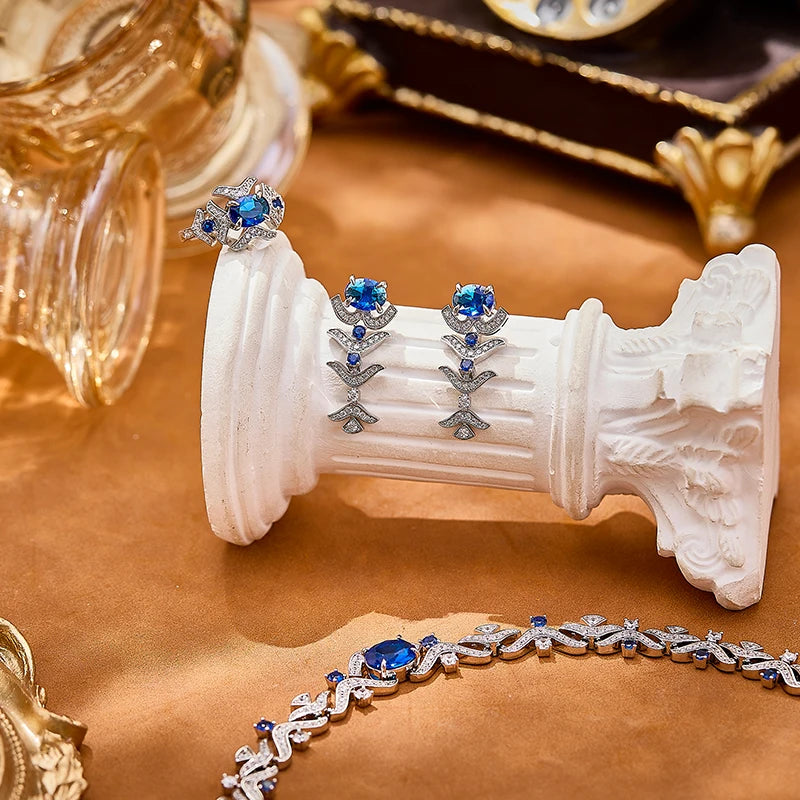 Cornflower Blue Zircon Retro Vine Branch Leaf Necklace Earrings Ring Bracelet 4-piece Brass Set Jewelry Sexy Women's Gift