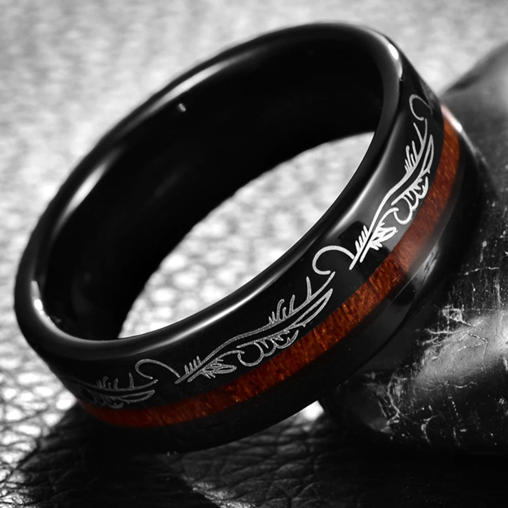 REBEL 1pcs 8mm Inlaid Wood Black Plated Men's Tungsten Steel Ring Jewelry