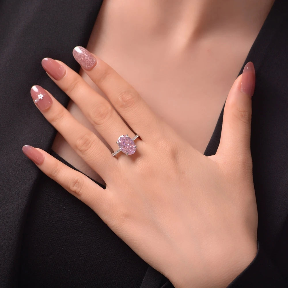 MuShan Jewelry Factory New 4 Carat Women Ring in Pink Egg Shape 925 Silver Ring 9*13 Shining Ice Flower Cut Pigeon Egg Style